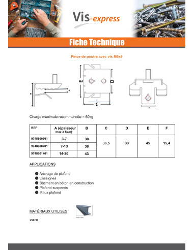 1 x Clip pour poutre Acier phosphate épaisseur...