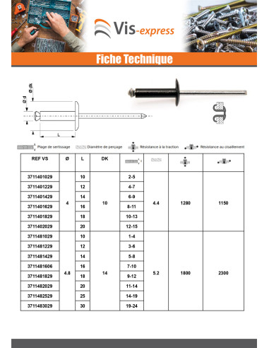 1 x Rivet aveugle éclate GOSTAR Aluminium Tige...