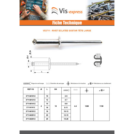 1 x Rivet aveugle éclate GOSTAR Aluminium Tige acier 4X10 Noir