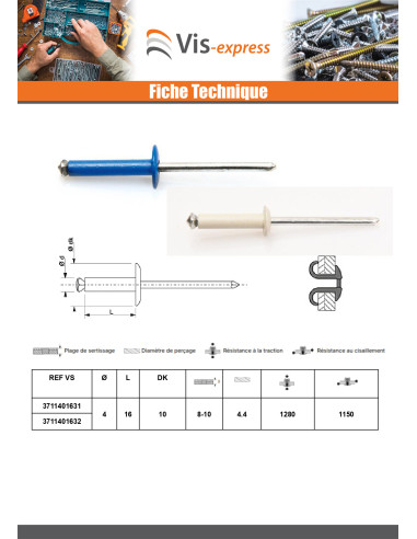 1 x Rivet aveugle éclate GOSTAR Aluminium Tige...