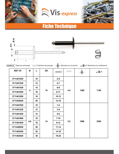 1 x Rivet aveugle éclate GOSTAR Aluminium Tige...