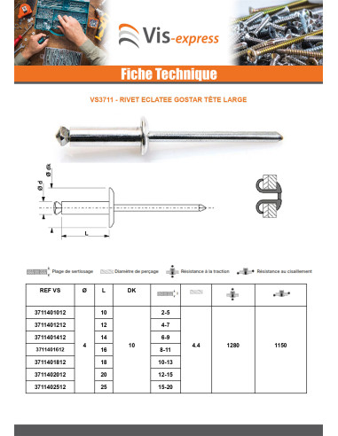 1 x Rivet aveugle éclate GOSTAR Aluminium Tige...