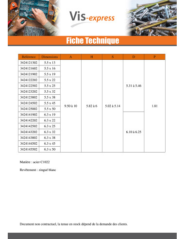 1 x Vis tôle CHC BTR Clé de 5 HC5 5.5X16 Acier...