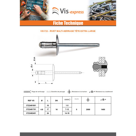 1 x Rivet aveugle multiserrage GOMULTI Aluminium Tige acier 4.8X10 Tête extra large TEL