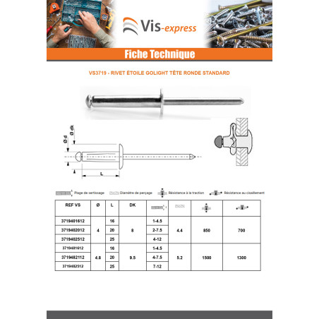 1 x Rivet Aveugle GOLIGHT ALU/ALU TRS 4X16