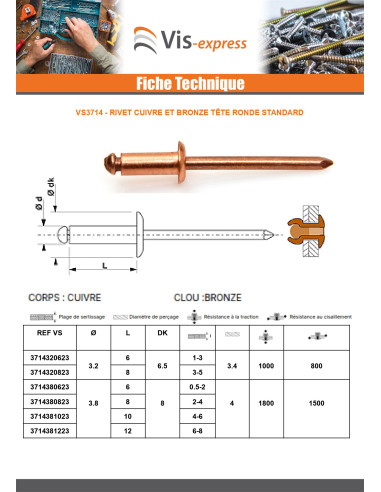 1 x Rivet TRS cuivre tige bronze 3.8X8