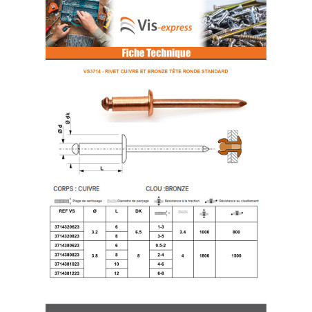 1 x Rivet TRS cuivre tige bronze 3.8X8