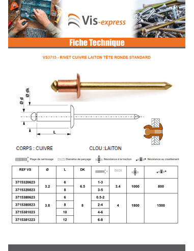 1 x Rivet TRS cuivre tige laiton 3.8X10