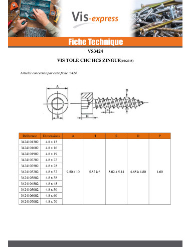 1 x Vis tôle CHC BTR Clé de 5 HC5 6.3X50 Acier...