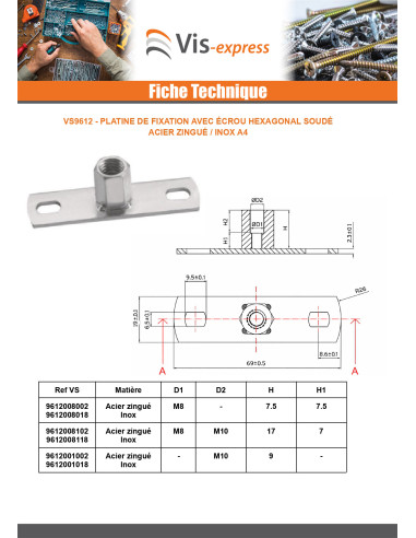 1 x Platine de fixation Avec Ecrou hexagonale...