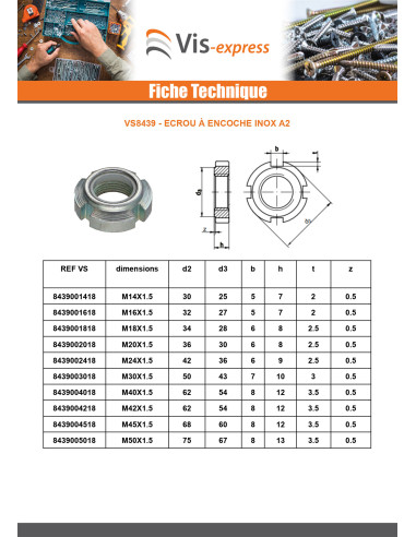 1 x Ecrou à encoches Inox A2 M45 Pas de 150
