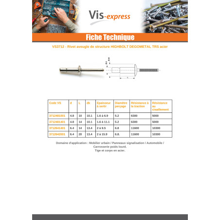1 x Rivet aveugle tout acier HIGHTBOLT Tête Ronde Standard 6.4X19