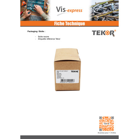 1 x Vis bois TEKOR Inox A2 Tête fraisée Cranté TORX T25 5X40 Filetée sur 24 Pointe antifendage type 17