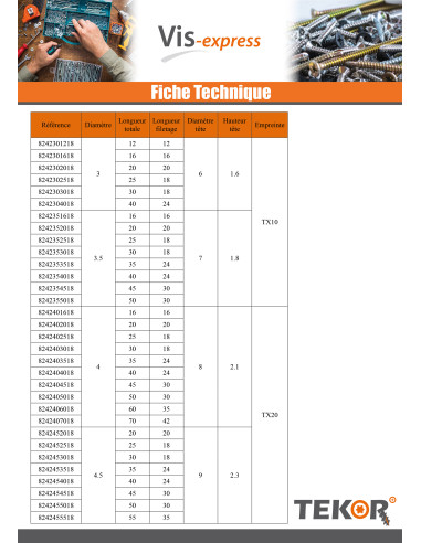 1 x Vis bois TEKOR Inox A2 Tête fraisée Cranté...