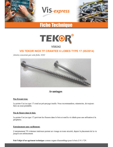 1 x Vis bois TEKOR Inox A2 Tête fraisée Cranté...