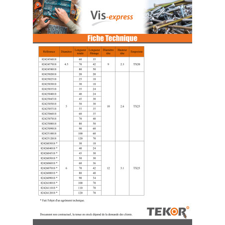 1 x Vis bois TEKOR Inox A2 Tête fraisée Cranté TORX T25 6X80 Filetée sur 48 Pointe antifendage type 17