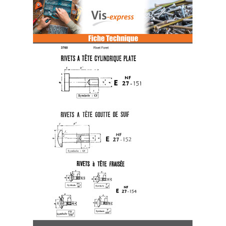 1 x Rivet FORES Acier nickelé Tête goutte de suif 6X20