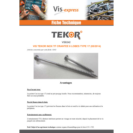 1 x Vis bois TEKOR Inox A2 Tête fraisée Cranté TORX T20 4.5X50 Filetée sur 30 Pointe antifendage type 17