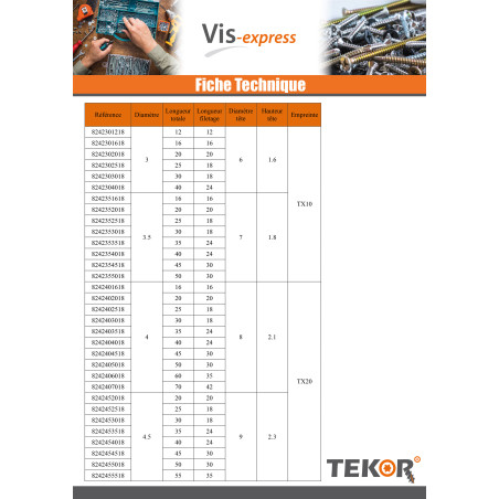 1 x Vis bois TEKOR Inox A2 Tête fraisée Cranté TORX T20 4.5X45 Filetée sur 30 Pointe antifendage type 17