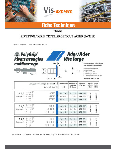 1 x Rivet aveugle tout acier Tête large 4.8X10...
