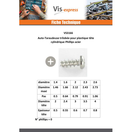 1 x Vis autotaraudeuse Pour Plastique Tête cylindrique TC Phillips n° 0 1.4X4 Acier zingué microvis