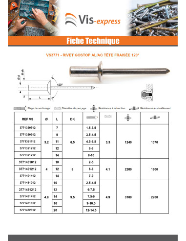 1 x Rivet Etanche GOSTOP Aluminium Tige acier...