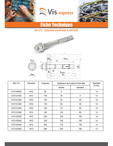 1 x Goujon Ancrage R-XPTIIIZP M12X80 Acier...