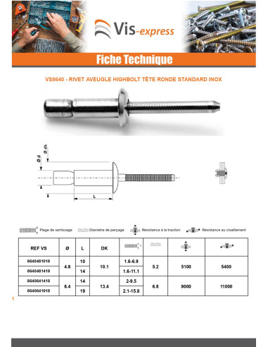 1 x Rivet Aveugle HIGHBOLT Tête Ronde Standard...