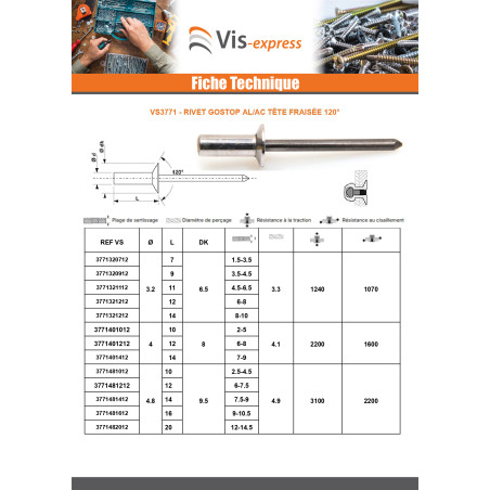 1 x Rivet Etanche GOSTOP Aluminium Tige acier Tête fraisée 4X10