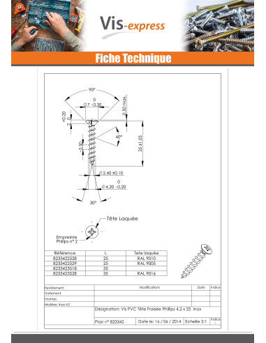 1 x Vis pvc Inox A2 Tête fraisée bombée TFB...