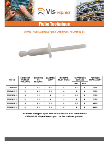 1 x Rivet Aveugle Tête Plate Nylon Polyamide...