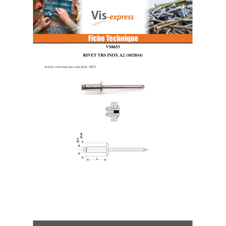 1 x Rivet Aveugle Tout Inox TRS 4.8X6 Epaisseur de serrage 0.5 à 1.5