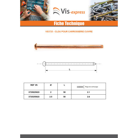 1 x Clou pour carrosserie Cuivre 2.5X50