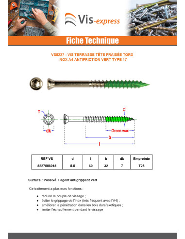 1 x Vis terrasse Tête fraisée TORX T25 5,5X60...