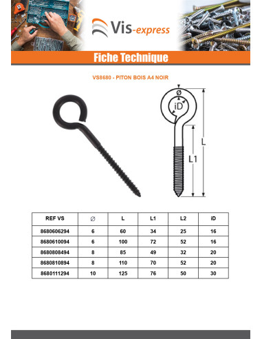 1 x Piton Bois Inox A4 Noir 8X108 Filetée sur...