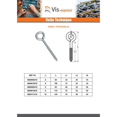 1 x Piton Bois Inox A4 6X62 Filetée sur 25 Oeil 16