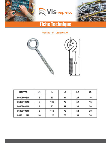 1 x Piton Bois Inox A4 10X125 Filetée sur 76...
