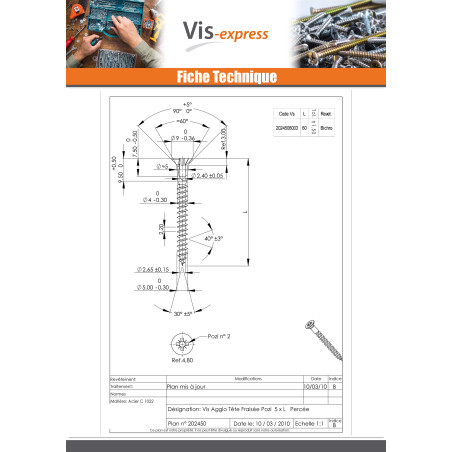 1 x VBA Vis bois agglo Tête fraisée Pozi N°2 5X60 Percée Bichromaté