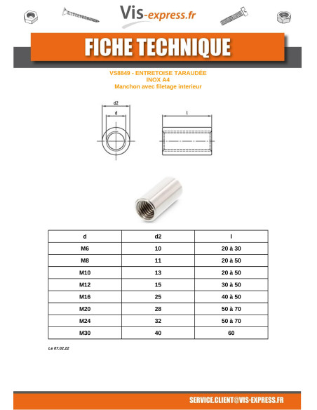 1 x Manchon Cylindrique Taraudé M8X40 Inox A4