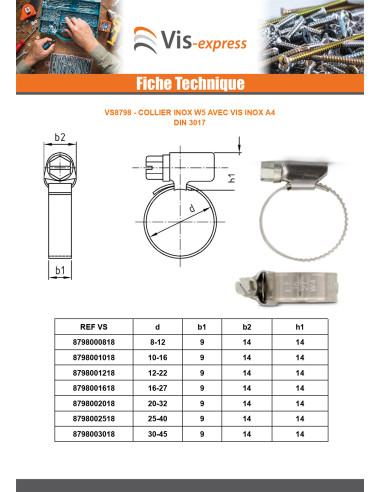 1 x Collier Inox W5 Diamètre 25 à 40 largeur de...