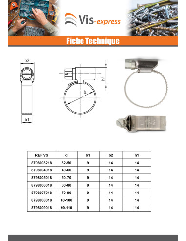 1 x Collier Inox W5 Diamètre 32 à 50 largeur de...