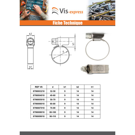1 x Collier Inox W5 Diamètre 40 à 60 largeur de la bande 12