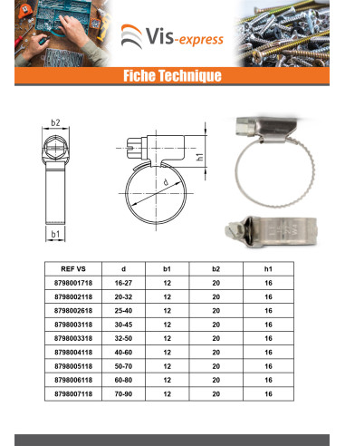 1 x Collier Inox W5 Diamètre 40 à 60 largeur de...