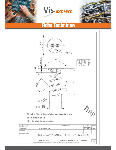 1 x Vis Euro Tête fraisée Pozi 6.3X14 Diamètre...