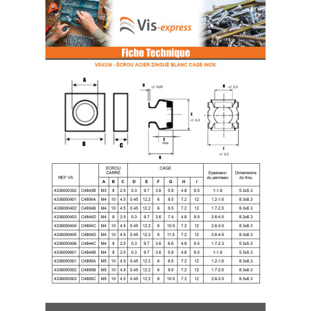 1 x Ecrou acier zingué cage inox C4806A M6 Epaisseur tole 1.2 à 1.6