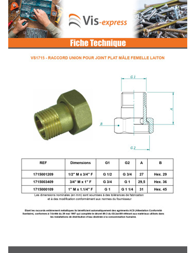 1 x Raccord union plat Mâle/Femelle 1/2" X 3/4"...