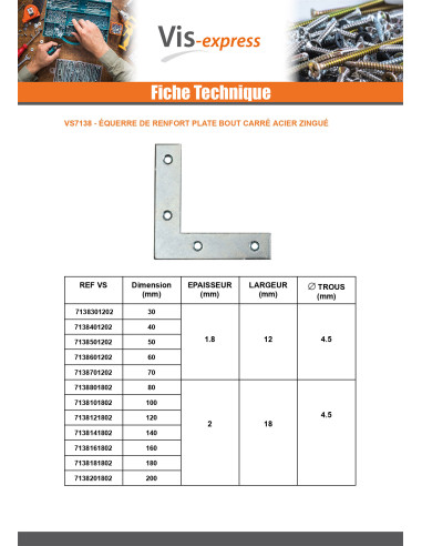 1 x Equerre Plate renfort Bout Carré 180X180X18...