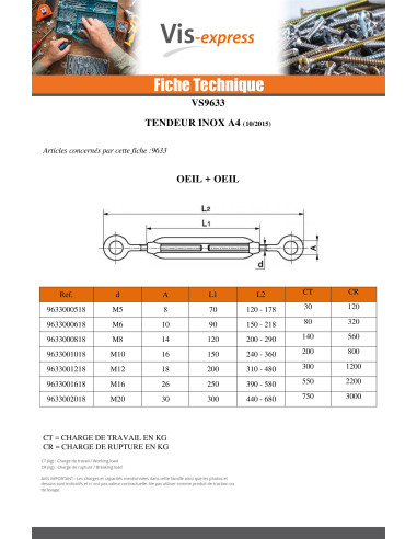 1 x Tendeur oeil crochet M5X70 Oeil 8 Inox A4