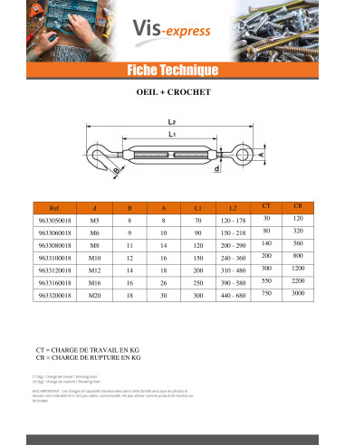 1 x Tendeur oeil oeil M12X200 Oeil 18 Inox A4