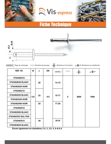 1 x Rivet aveugle Aluminium Tige acier 4.8X65...